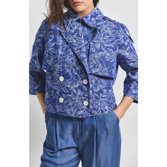 DEREK LAM 10 CROSBY Elijah Floral Cotton Blend Double-Breasted Crop Jacket - Picture 4 of 11